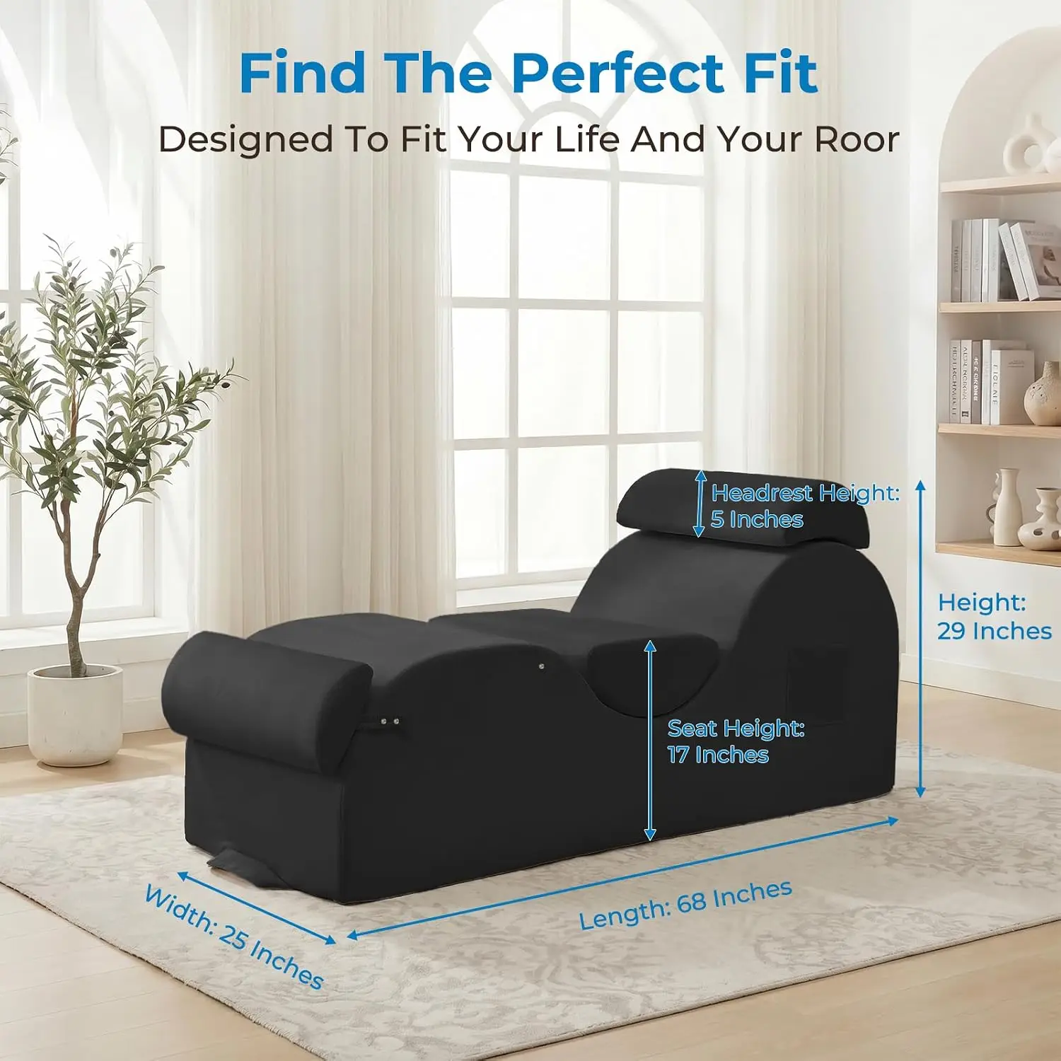 Velvet Yoga Chaise Lounge with Pockets, Headrest, Cushion, Movable Footrest, S-Curved Sofa for Bedroom, Black, Customized