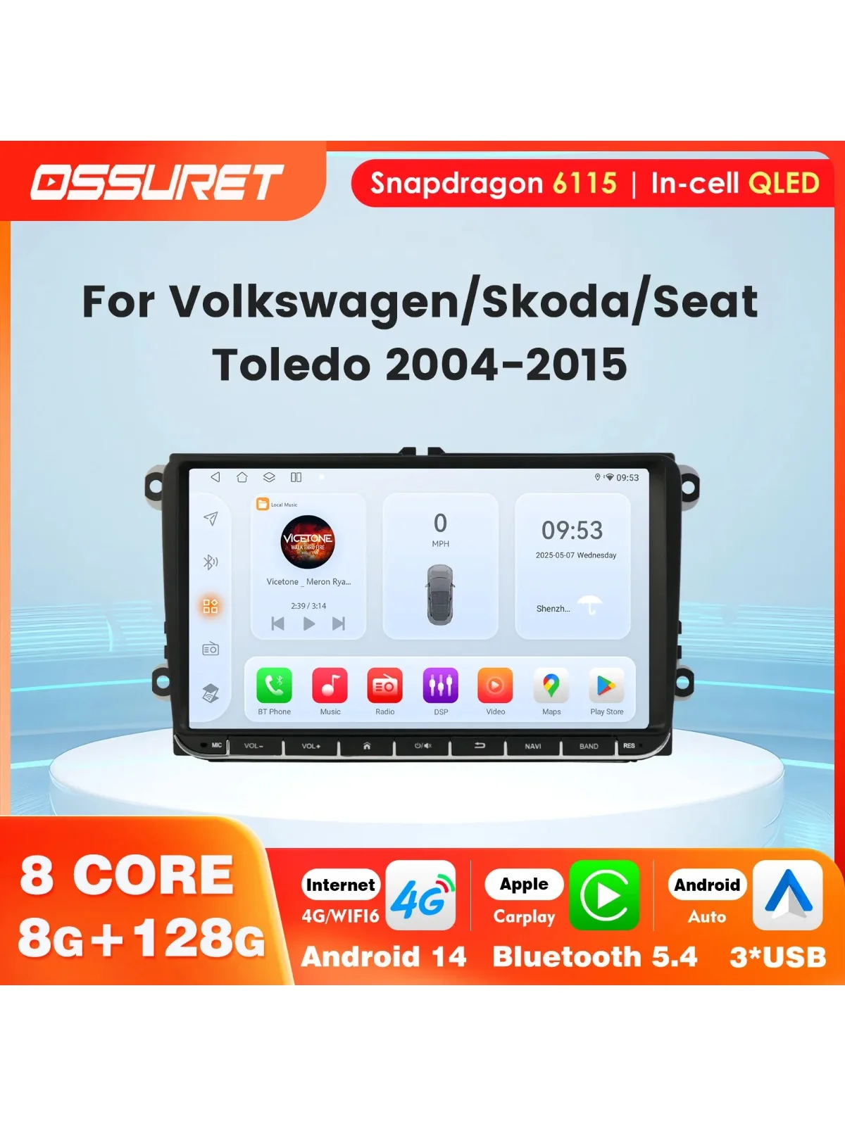OSSURET 4G LTE Octa Core 6115 Android 14 Auto Carplay Für VW Volkswagen Golf Passat B7 B6 Tiguan Seat Leon Skoda Jetta Autoradio