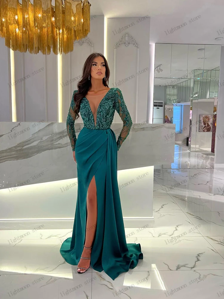 Lindo vestido de noite bonito vestidos de baile miçangas apliques profundo decote em v sexy alta fenda robes vestidos de gala personalizado 2025