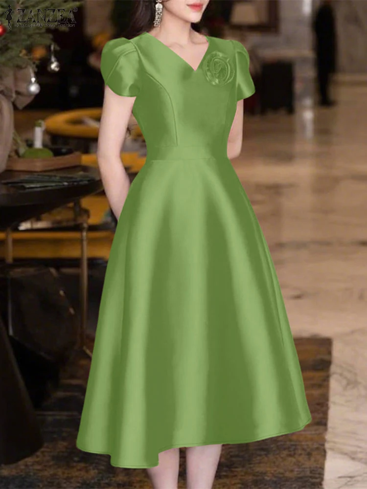 ZANZEA 2025 Elegante Vestito Da Partito Delle Donne Alla Moda Abiti A Fiori Con Scollo A V Manica Petalo Da Lavoro Vestito Estivo Solido Raso Una Linea Midi Abiti