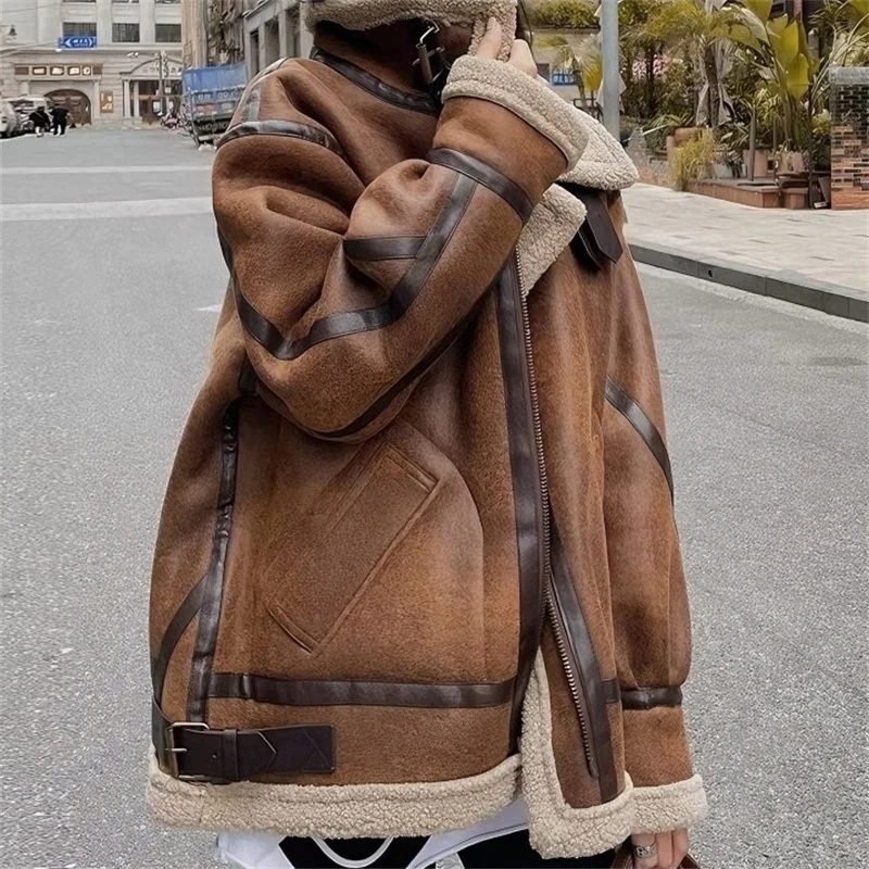 

Lamb Fur Jaet Women's Retro Biker Sle Thiened Coat Korean Version Collar Zipper Closure Long Sve Regular Fit