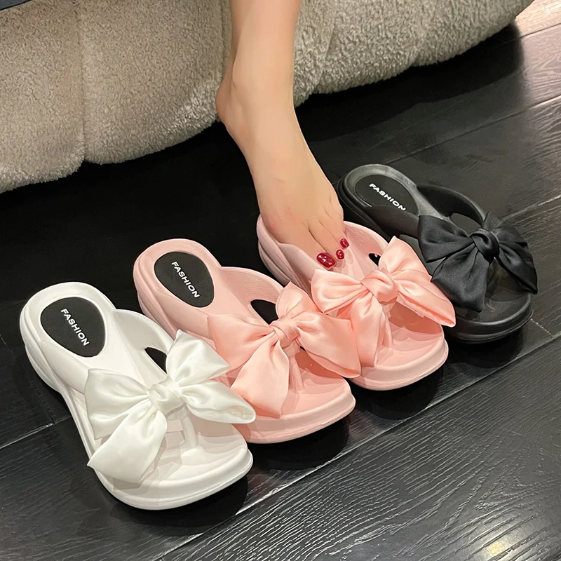 Pink Big Bowknot Wedge Flip Flops for Women Summer 2023 Clip Toe Platform Sandals Woman Thick Sole Non Slip Beach Slide Slippers