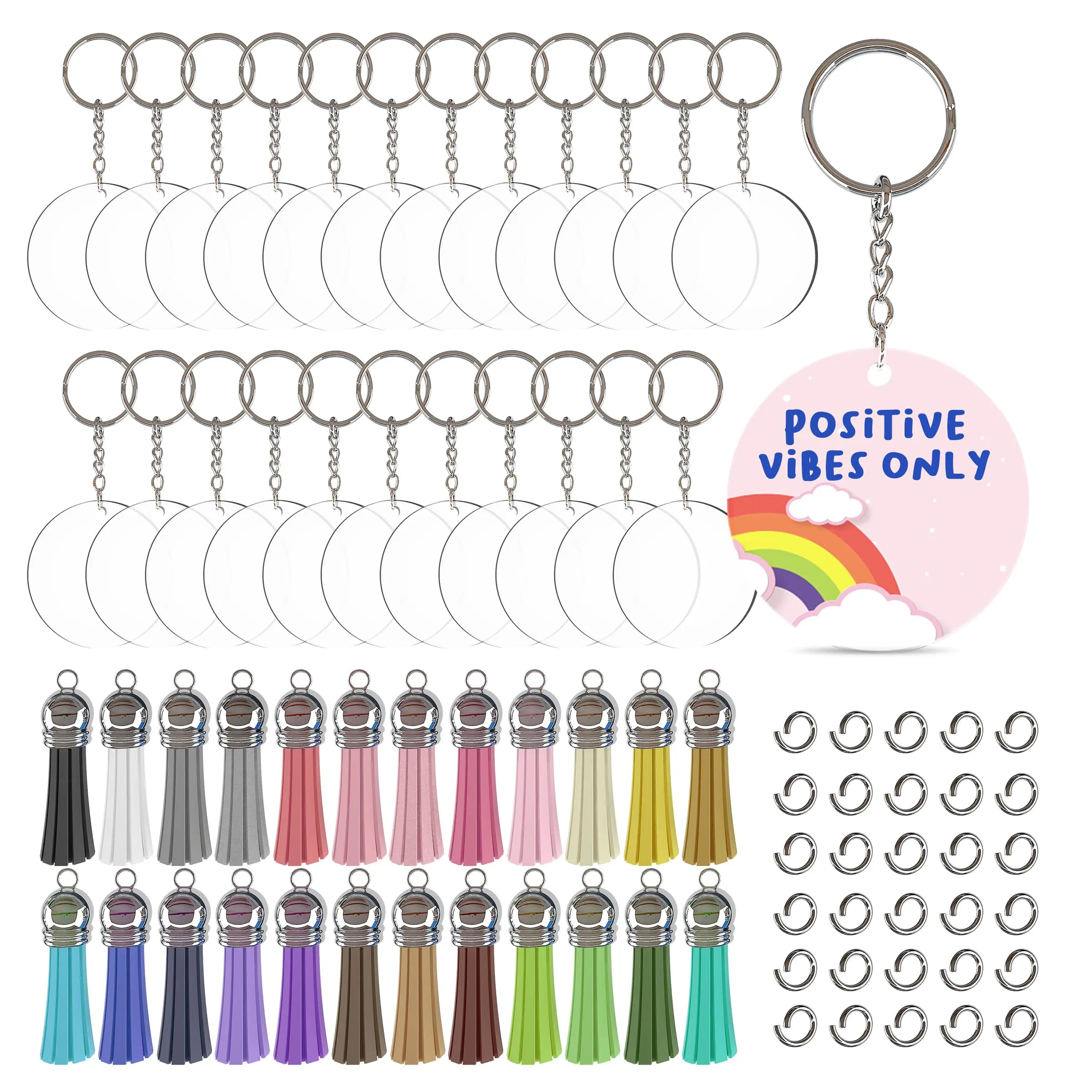 200PCS Blank keychains for Vinyl 50Pcs Clear Keychains for Vinyl 50 Pcs Keyring 50 Pcs Jump Ring 50Pcs Tassel for Handmade Craft