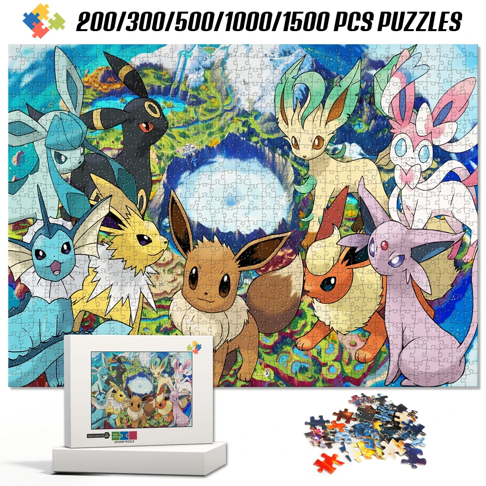 hd段ボール木製ポケモンイーブイジグソーパズル-マルチサイズ-200-300-500-1000-1500ピース-文字分けデザイン-ストレス解消ゲーム