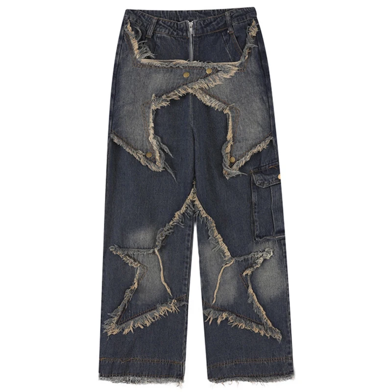 Vintage Tassel Star Denim Pant Splicing Loose Jeans Pants 2024 Men Hip Hop Streetwear Harajuku Y2K Shorts Summer Cargo Pants