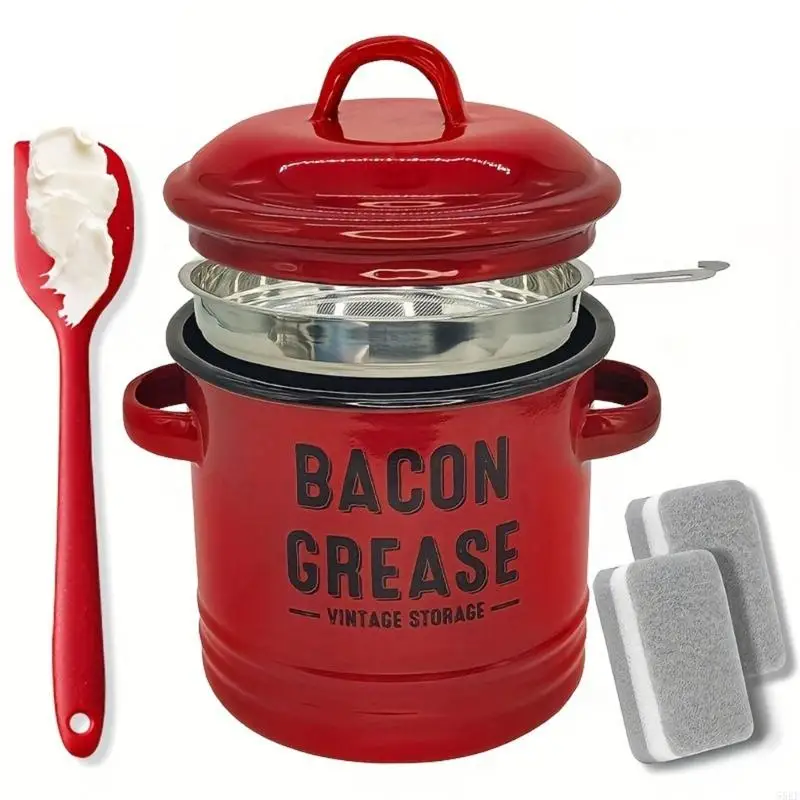 Kitchen Enamel Bacons Grease Jar with Strainer And Silicone Spatula For Cooking Oil Storage Fat Keeper Container Recipes 55KF