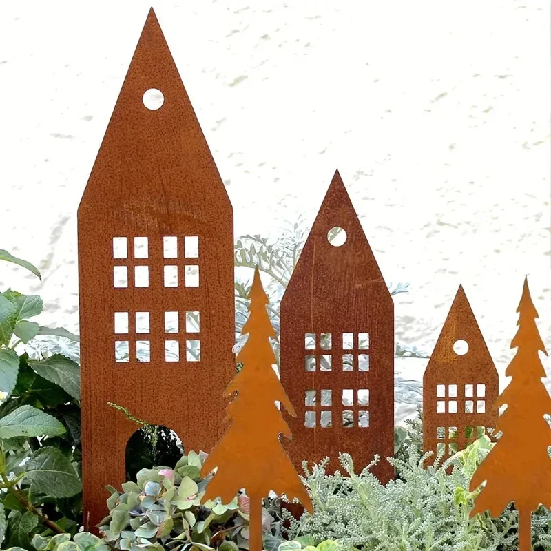 Rustic Christmas Garden Decor - 3 Pieces Castle House and Trees, Freestanding Metal Yard Art, Holiday Lawn Decorations