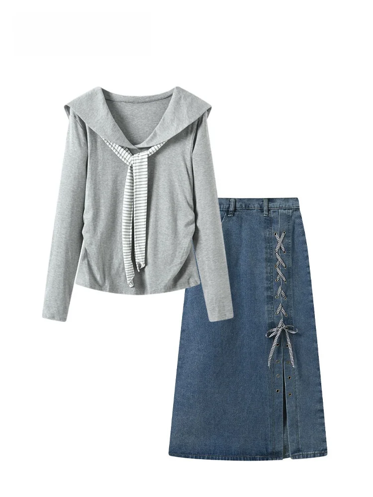 

Cara CLUB плюс размер College Sle Темно-синий комплект с воротником Dr Женская футболка Long Sve Джинсовая юбка Осенний сезон Женская одежда