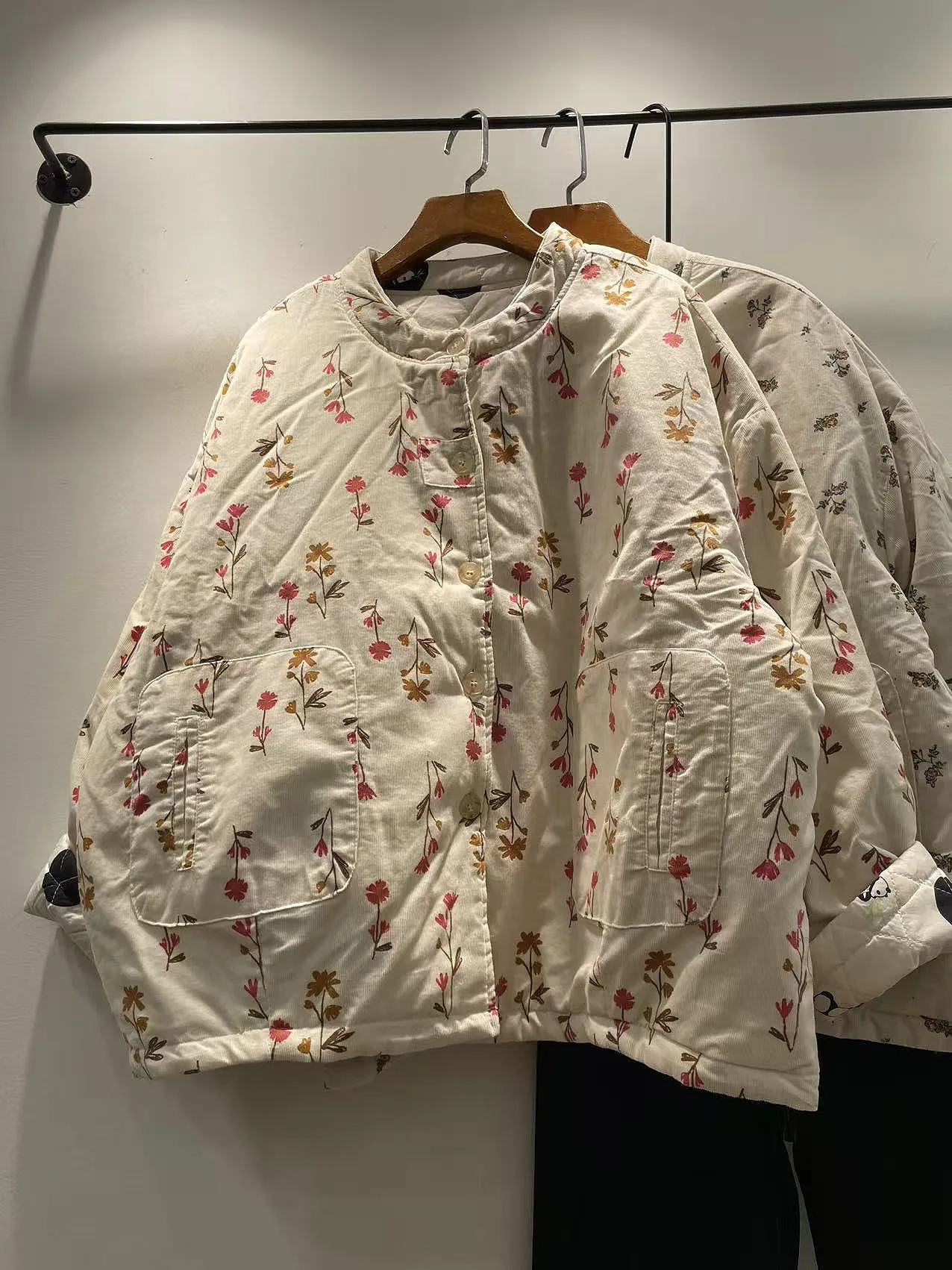 

Winter Women's Korean Style Floral Print round Neck Single Button Cotton Jacket Long Sleeve Warm Cotton Coat Female Outerwear