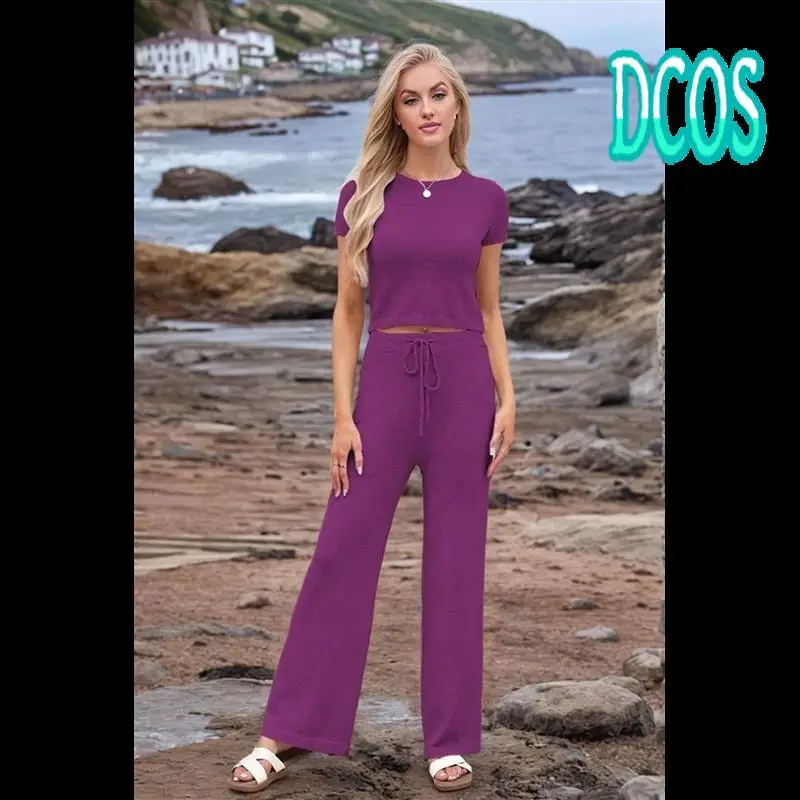 

DCOS-Womens Summer 2 Piece Outfits Color Block Short Sleeve Tops Tracksuit Slim Fit Pants Matching Set Lounge Sets 2025
