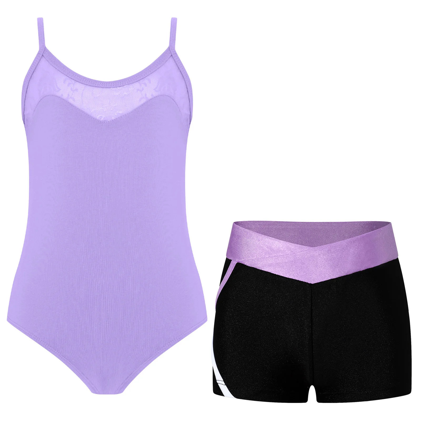 

Детский кружевной лоскутный купальник на тонких бретельках для девочек с V-образным поясом, шорты для гимнастики, йоги, танцев, выступлений