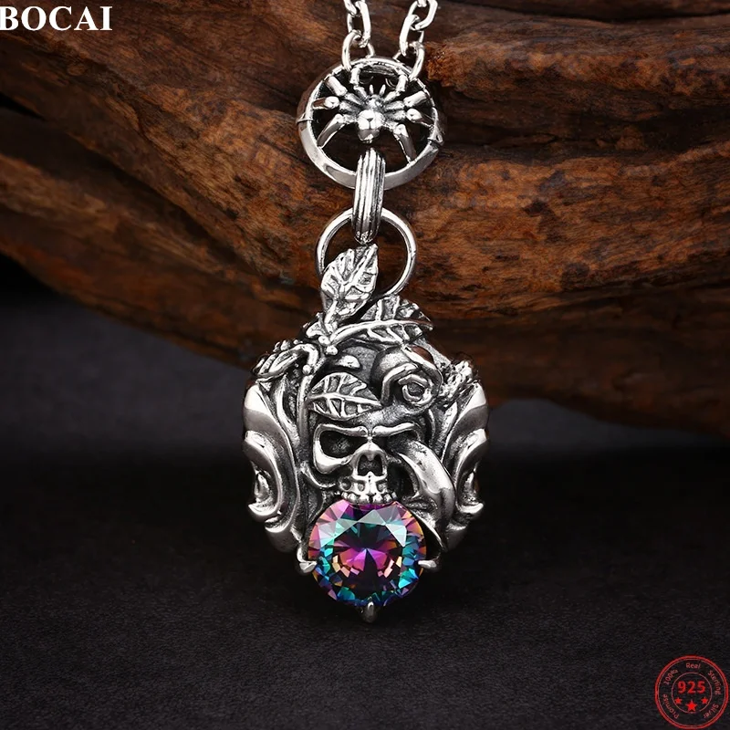 BOCAI S925 Sterling Silver Charms Pendants for Men Women Retro Spider-skull Flowers Inalid Zircon Necklace Jewelry Wholesale