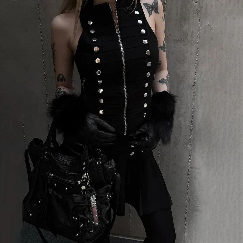 2026 New Gothic Military Vest Women’s Double-Breasted Metal Button Stand Collar Zip-Up Slim-Fit Cropped Sleeveless Top
