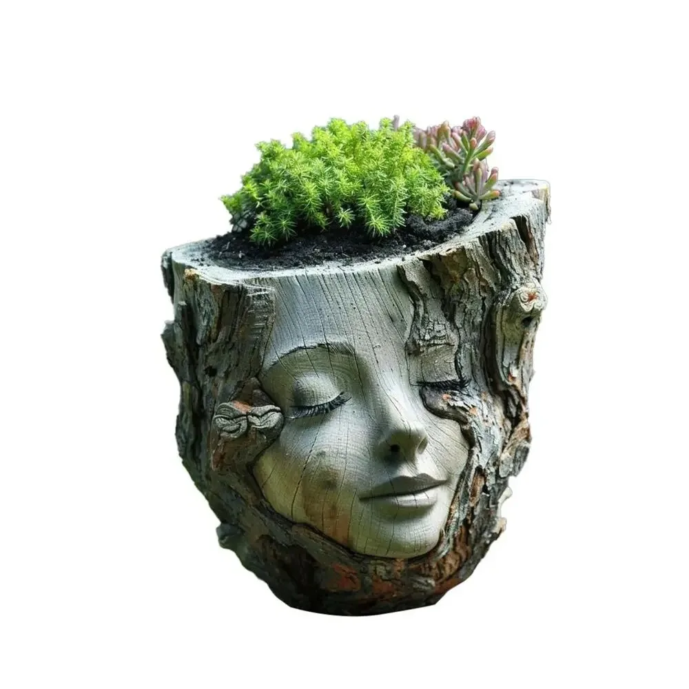 

Funny Girl Face Flowerpot Resin Crafts Waterproof Tree Stump Girl Pot Handmade Succulents Flower Pot Garden Courtyard Balcony