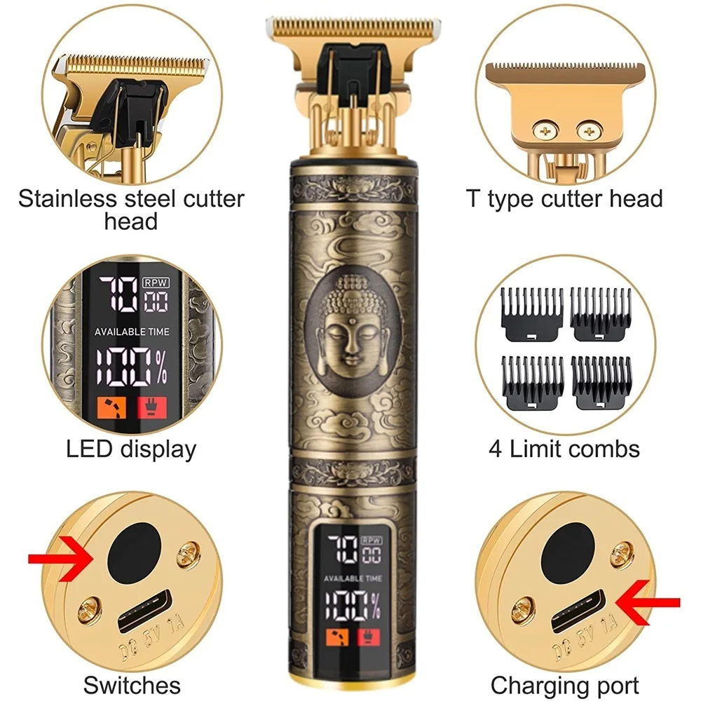 الحلاق الكهربائي T9 ترقية LCD قابلة للشحن الرجعية النفط رئيس نحت الكهربائية دفع القص آلة قص الشعر العانة للنساء