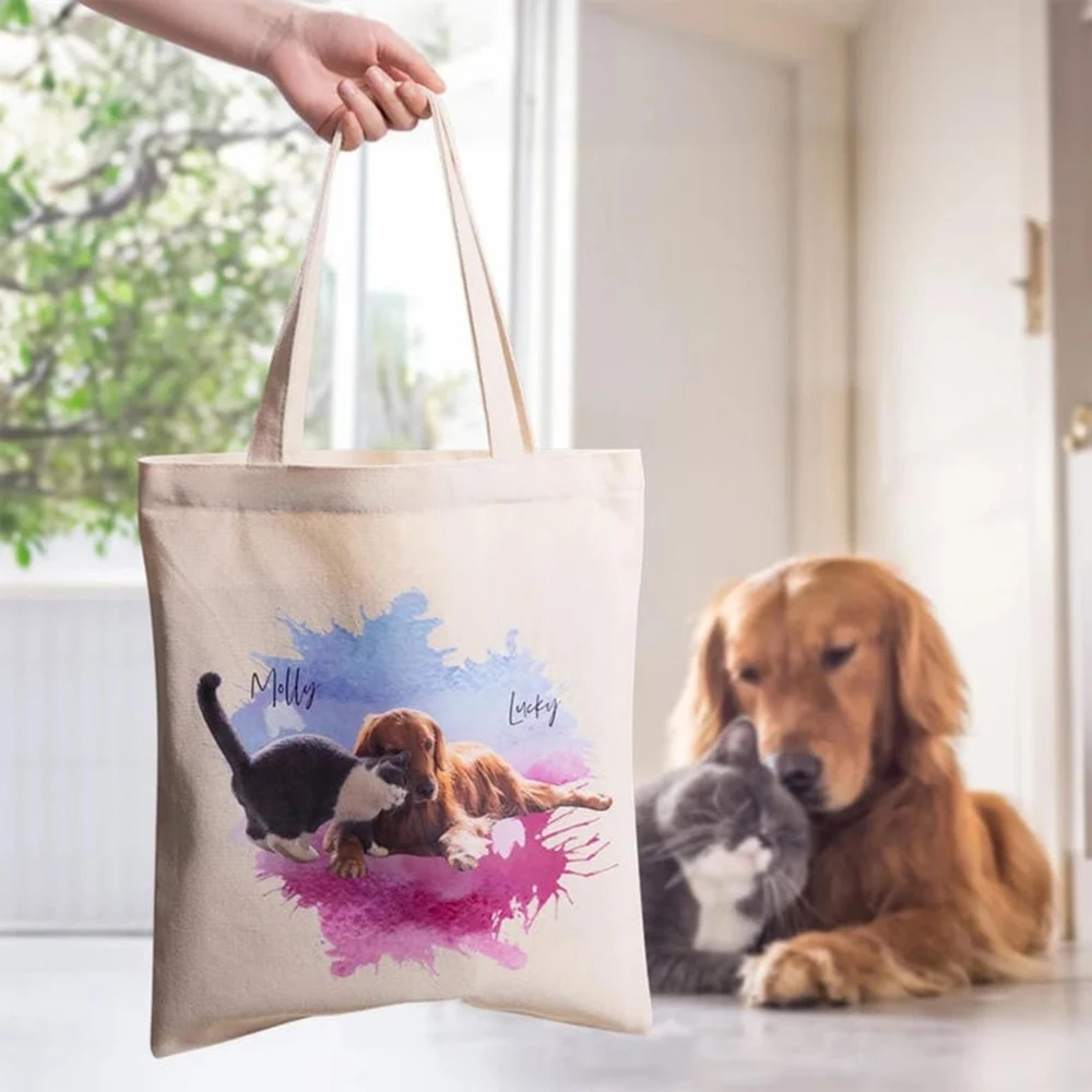 

Canvas Tote Bag Personalized Custom Pet Portrait Print Large Reusable Cotton Grocery Shopping Bag Dog Mom Cat Lover Gift