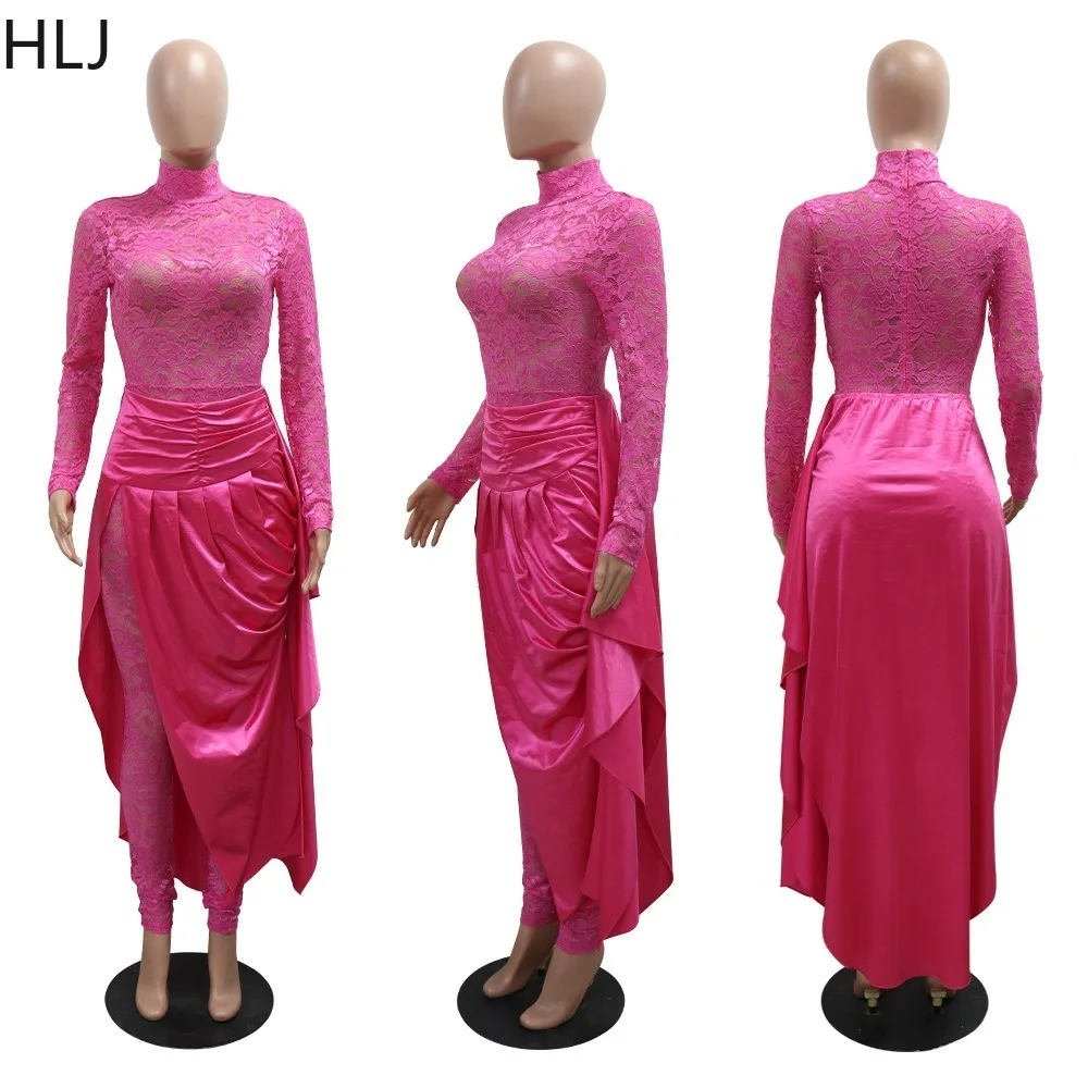 HLJ Fashion Mesh Lace Perspective Ruched Two Piece Sets Women O Neck Long Sleeve Bodsuits And Irregular Skirts Outfit Streetwear