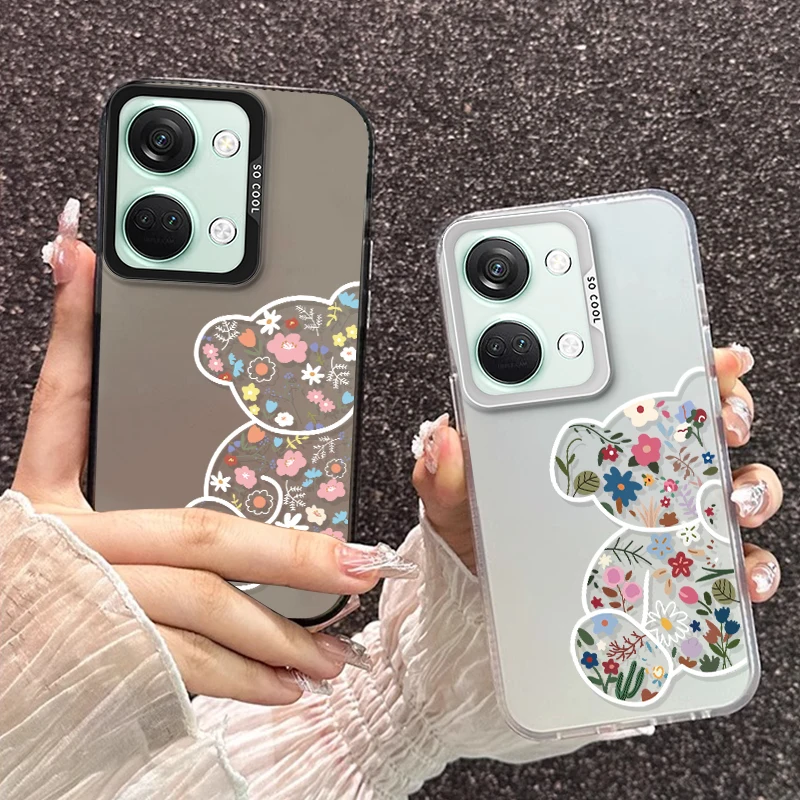 Flower Bear White For OnePlus Nord 3 Nord N30 5G 8T Nord CE3 4 Lite CE 2 5G OnePlus Nord2 5G Colorful Silver Phone Case