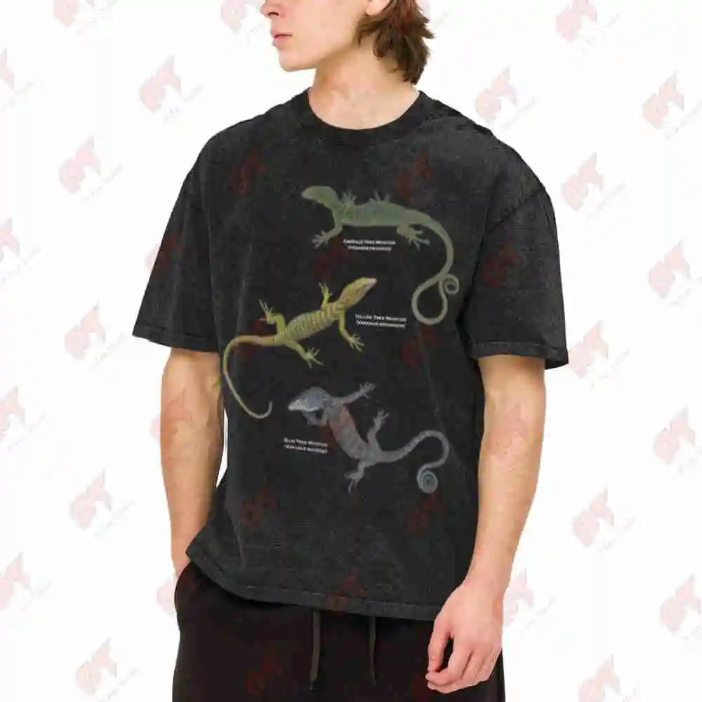 Tree Monitor Lizard Reptile Illustration Vintage Washed Tee Pure Cotton T-Shirt
