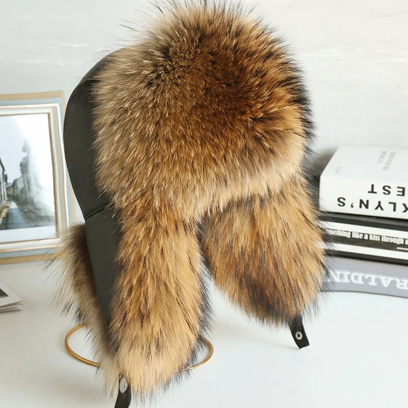 Natural Raccoon Fur Hat Women Black Fox Fur Russian Ushanka Hats Winter Warm Ears Bomber Cap, image 3