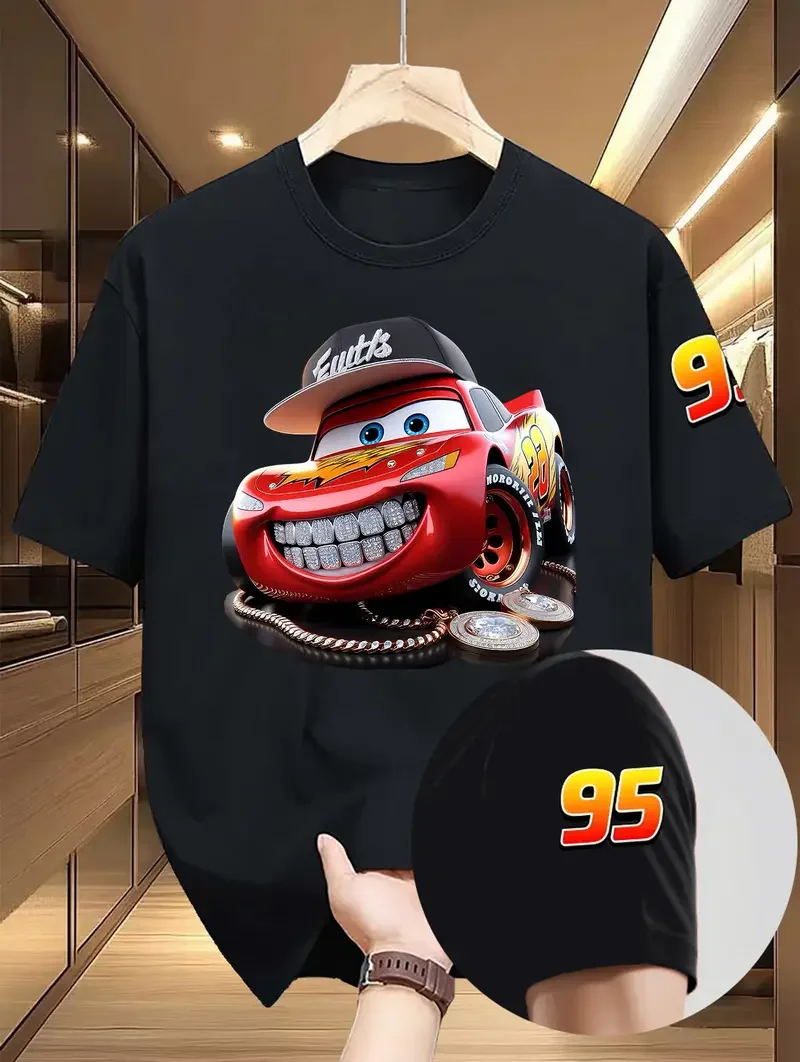 

Уличная футболка для пар, унисекс, Disney Cars, молния McQueen, мужская летняя хлопковая женская футболка, повседневная трендовая рубашка большого размера