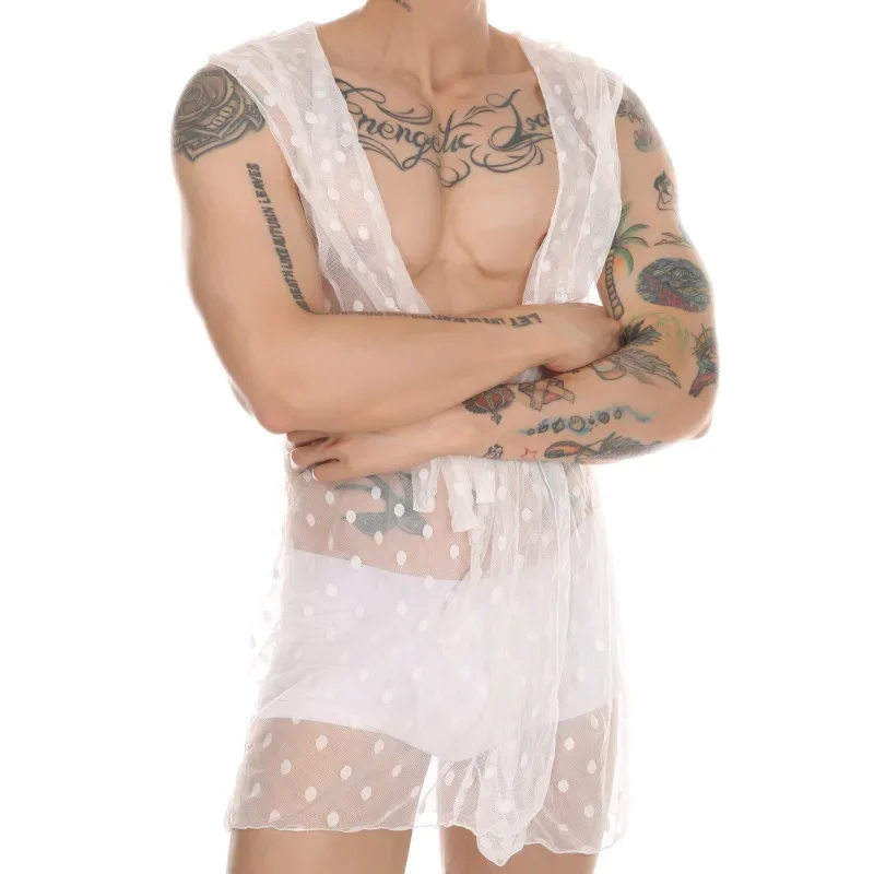 YUFEIDA Loose Leisure Mesh Sheer Robes Men Bathrobe Sexy Long Lace Up Transparent Nightwear Hooded Homewear Nightgown Sleepwear