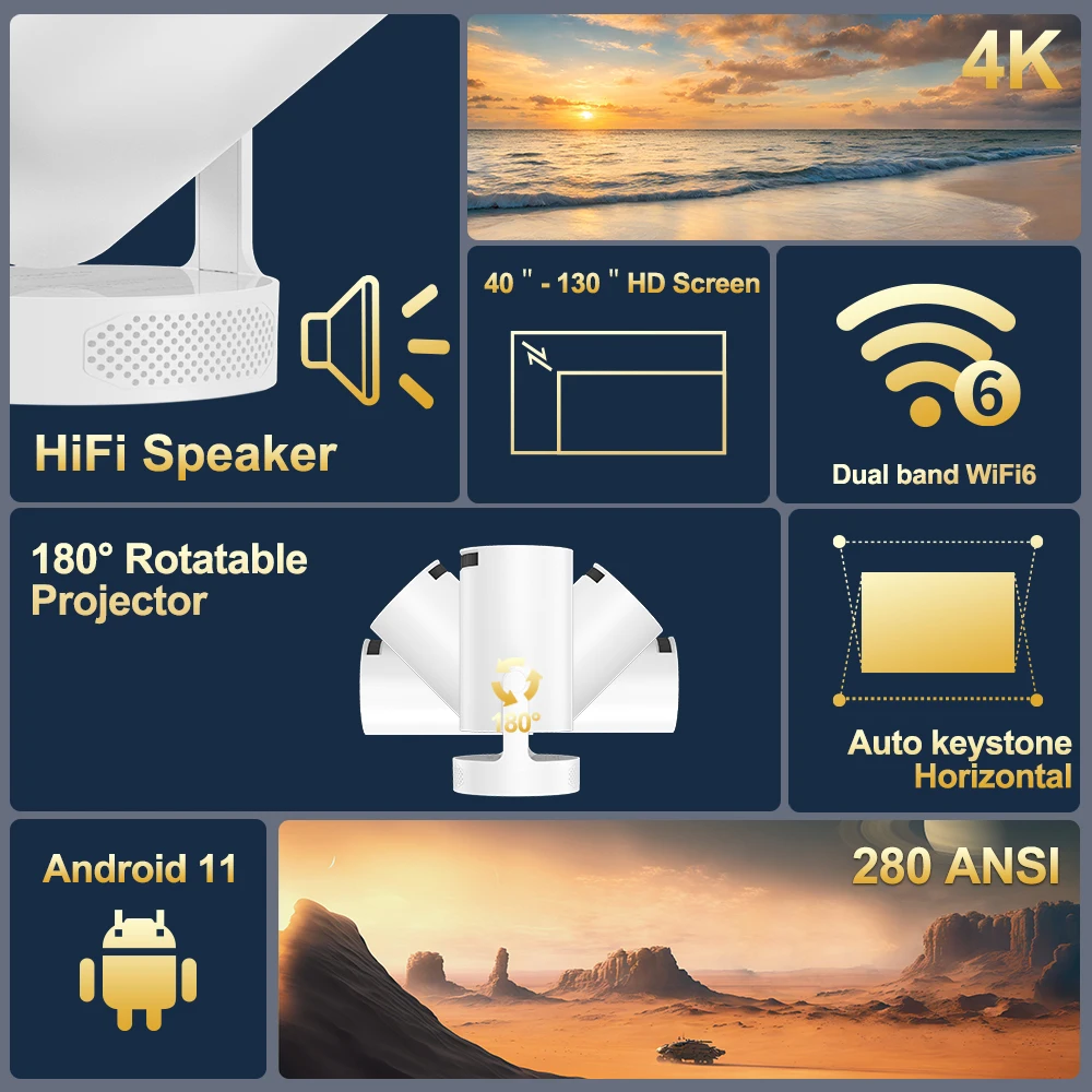 Projetor hy300 pro alto-falante hifi android 11 duplo wifi6 280ansi allwinner h713 bt5.0 1280*720p 4k filme de atualização projetor de som