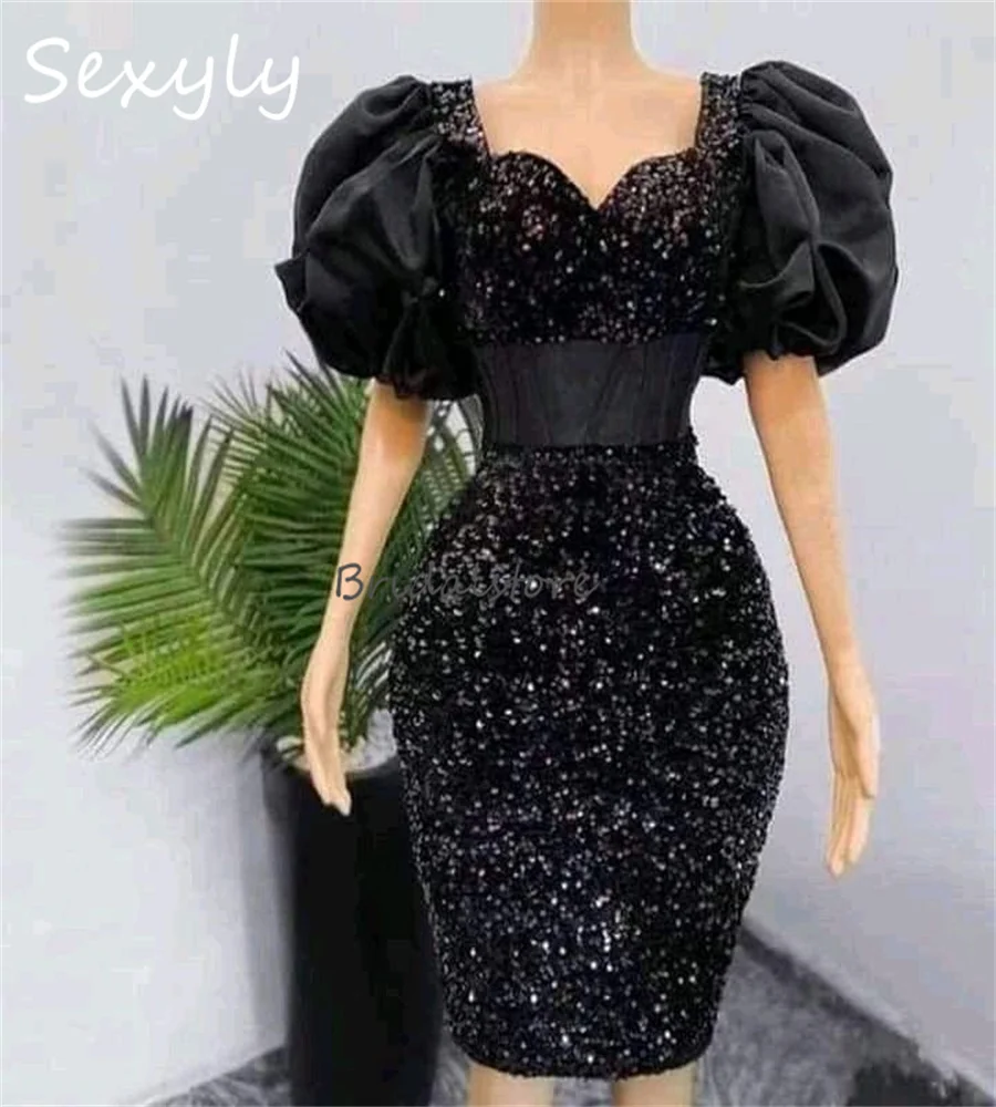 

Black Evening Dress Elegant Sequin Cocktail Dress Short Sleeves Black Girls Prom Dress Birthday Homecoming Senior Party Bespoke