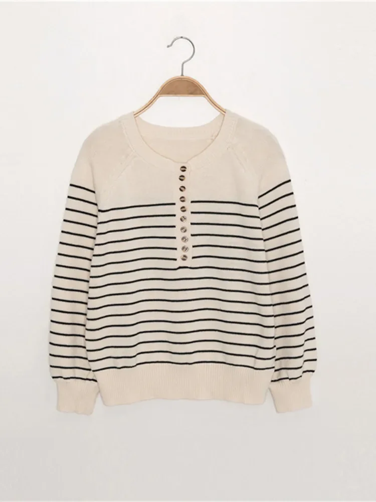 Sweater for Women 2023 New Fall Stripes Round-Neck Buttons All-Match Loose Casual Long Puff Sleeve Pullover