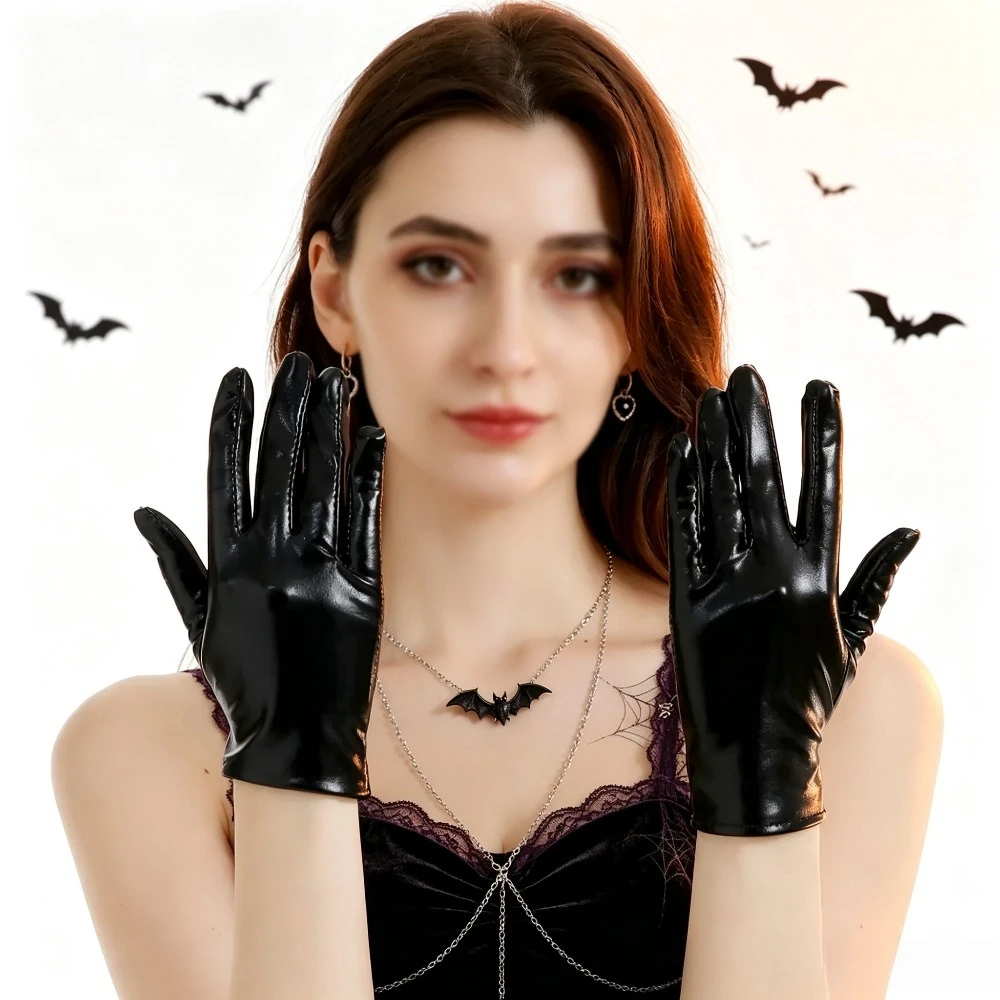 Kurze schwarze Lacklederhandschuhe, Halloween-Cosplay-Accessoire, Gothic-Vampir-Hexen-Handschuhe für Karnevalsparty-Kostüme