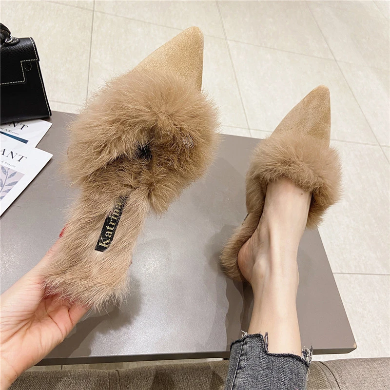 LazySealern Square Heel Warm Real Rabbit Hair Slippers Winter Pointed Toe Luxury Fur Square Heel Lady Mujer Indoor Slides