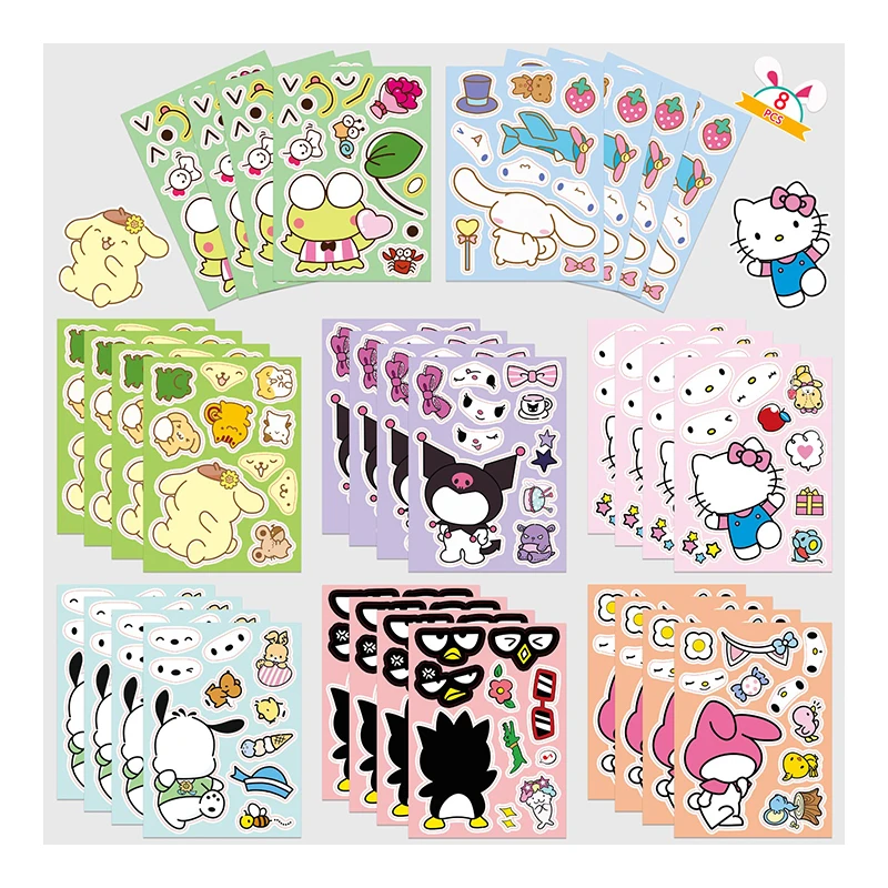 

8pcs Sanrio Kulomi Hellokitty Cute Cartoon Face Change Stickers Creative Animation DIY Puzzle Stickers Children Like Gifts