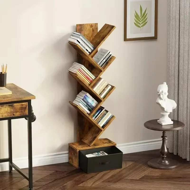 

7 Shelf Tree Bookshelf, Wooden Bookshelves Storage Rack for CDs/Movies/Books, Utility Organizer Shelves for Living Room, Bedroom