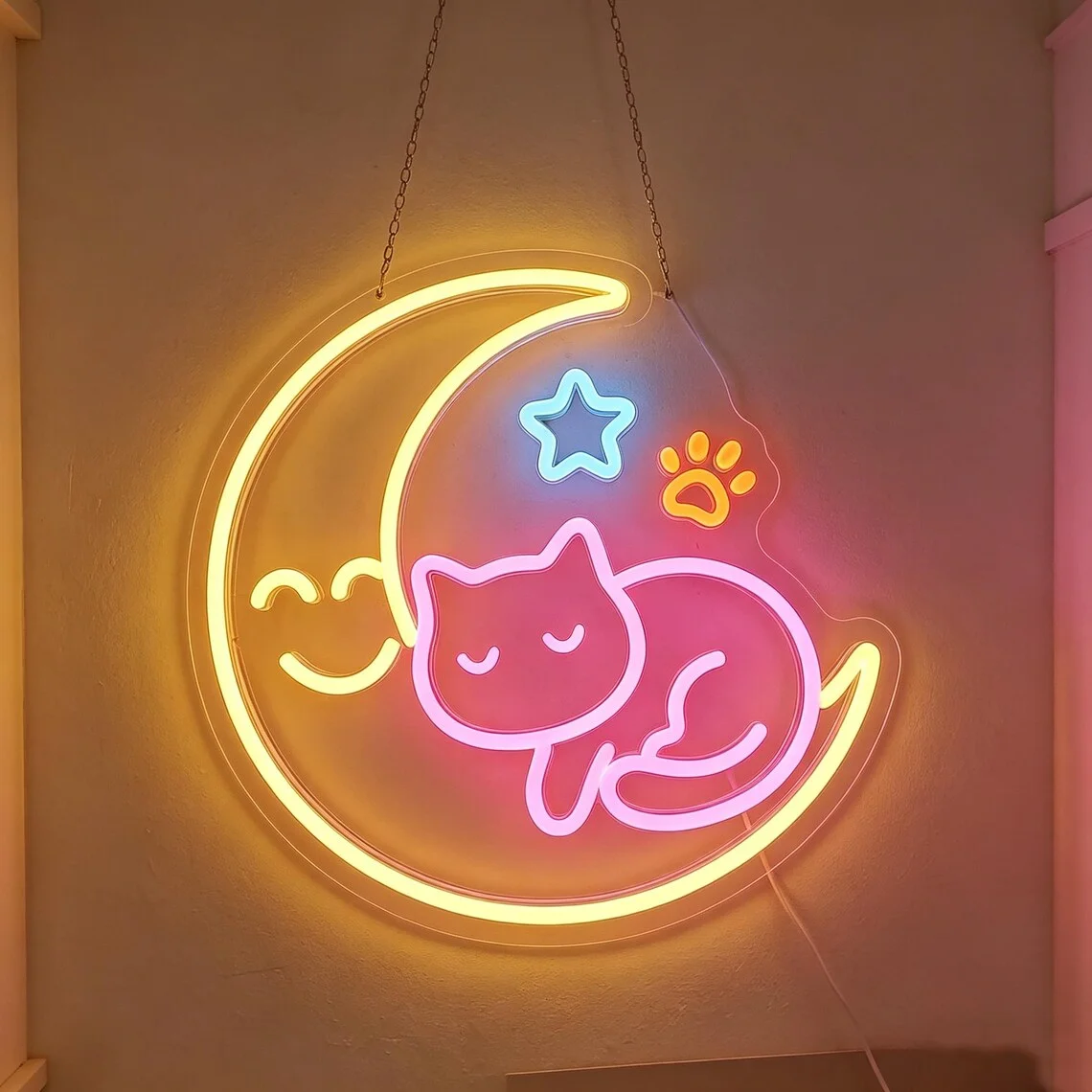 Moon and Cat Neon Sign Cat Paw Star Neon for Bedroom Bar Club Wall Decor Big Size