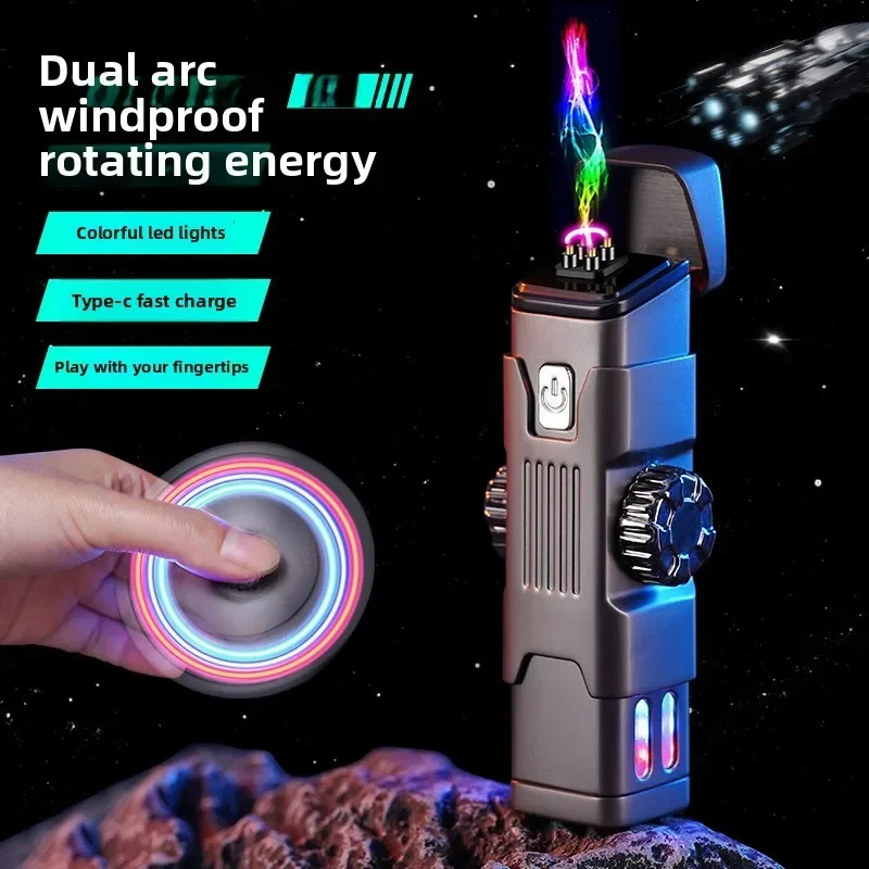 Metal Windproof Double Arc Plasma Lighter Rotary Play Electronic Lighter Alloy Body USB Fast Charging LED Color Light New