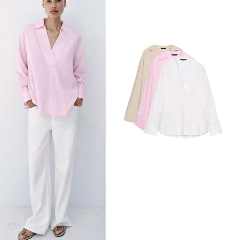 

Spring Summer New Asymmetric Hem Long Sleeve Collar Commuter Style Women's Shirt Loose Fit Polyester Skin-friendly Breat...