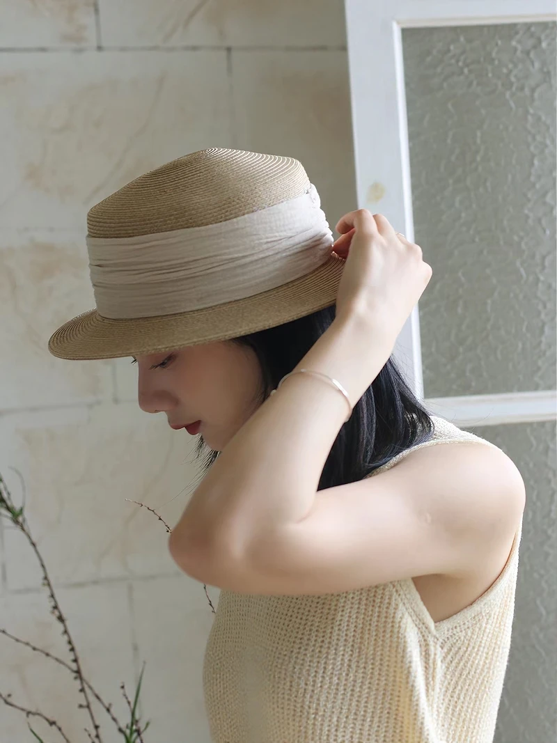 Lightweight Flat-Crown Straw Hat Women's Outdoor Travel Simple Breathable Versatile Paper Fiber Basket Weave Summer Cap