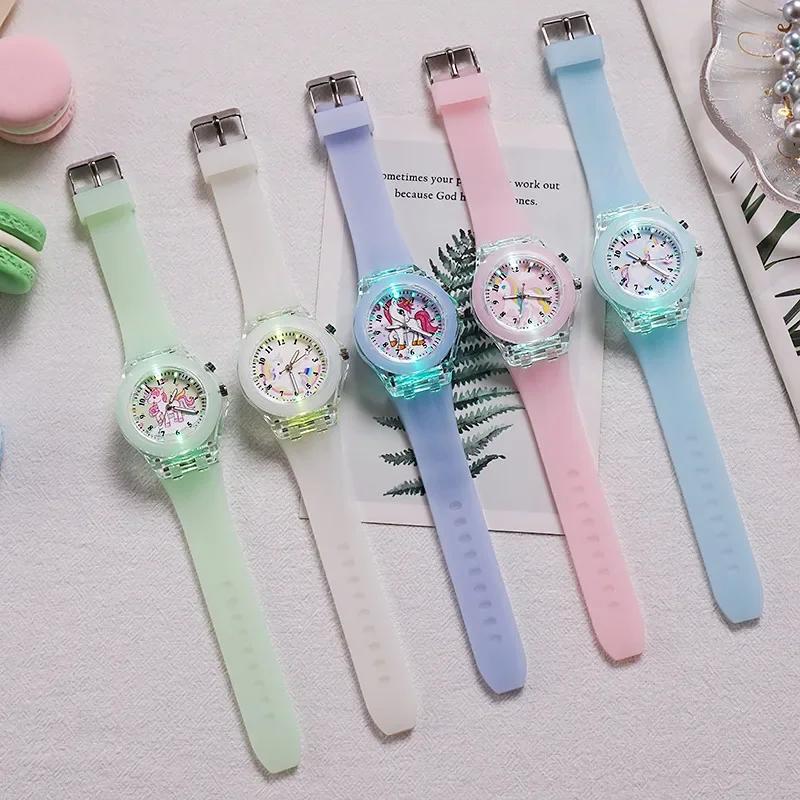

New Watch Cartoon Unicorn Watch Children Luminous Silicone Quartz Watch Girls Toys Silicone Strap Flash Light Clock Wristwatches