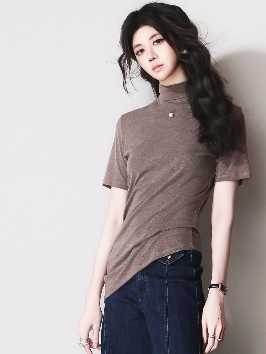 

F35 Casual Sle Knitted Slim Fit ort Sve T-irt Stand Collar Breathable Soft Thin Women's Faion Spring Top