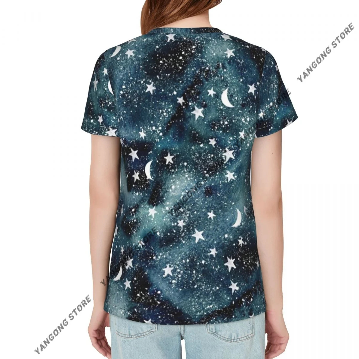 Women Short Sleeve Top Star Moon Starry Sky T-shirt Fashion Summer Female Tops Loose Round Neck T Shirt