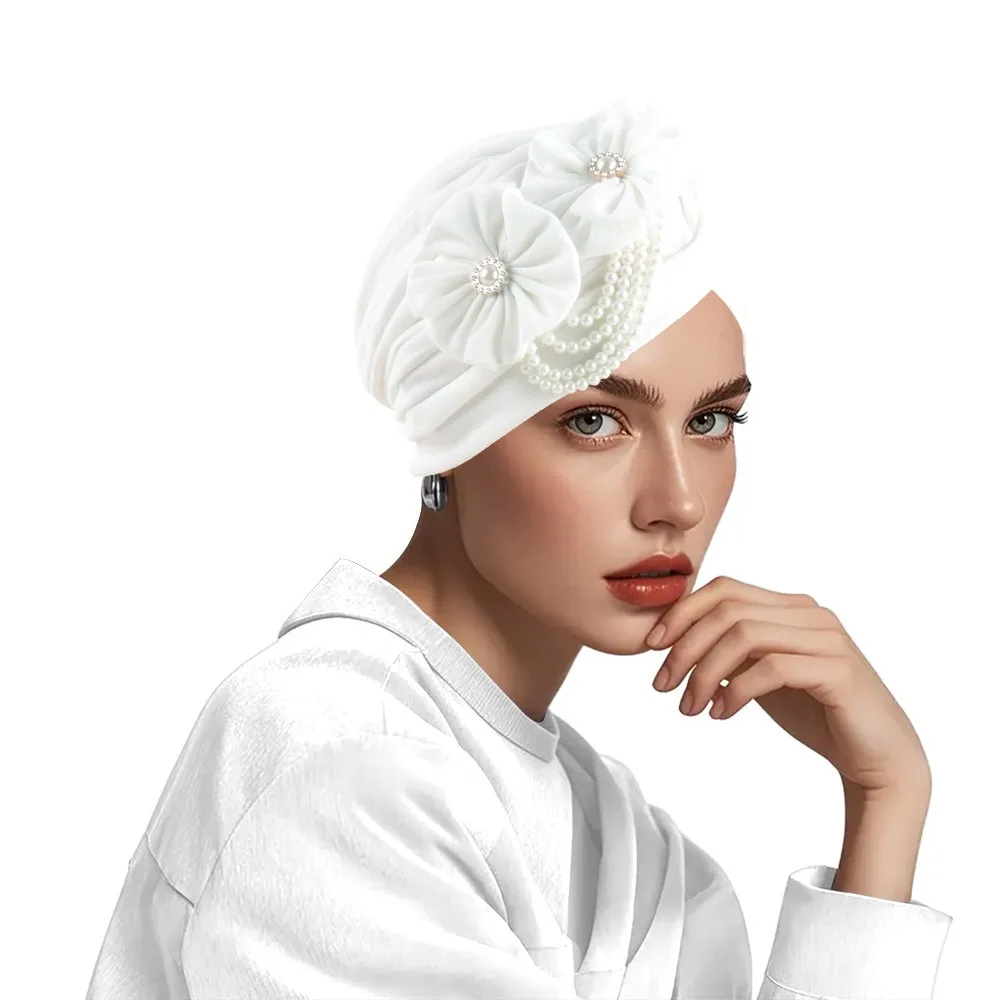 Trendy Stretch Fabric Beading Turban Cap Pearls Beading Lightweight Bonnet Hat Breathable Headscarf Women
