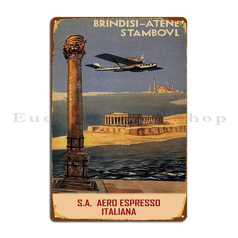 Italian Vintage Plane Travel Ad Brindisi Athens Constantinople Metal Plaque Wall Decor Create Iron Home Tin Sign Poster