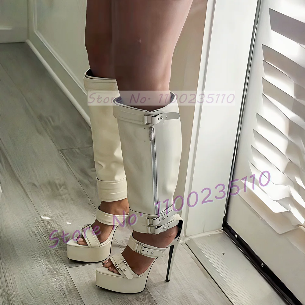 White Pointy Toe Platform Sandal Boots Women Sexy Novelty Buckle Strap Stiletto High Heels Cool Streetwear Side-zip Cutout Boots