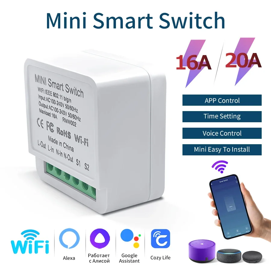 16/20A Wifi Smart Switch Alexa Google Home Alice 2-way DIY Mini Automation Module for Led Lighting Cozylife Remote Voice Control