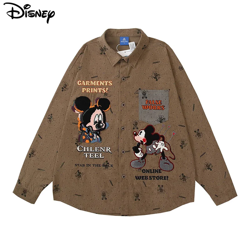 Disney New Arrival Top Fashion Loose Cotton Embroidery Mickey Mouse Loose Ins Cartoon Large Size Casual Corduroy Shirt