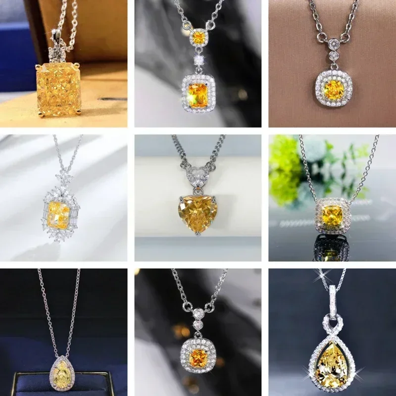 Sparkling Yellow Cubic Zirconia Necklace for Women's Wedding Anniversary Party Luxury Accessories Gifts Fashion Jewelry Pendant