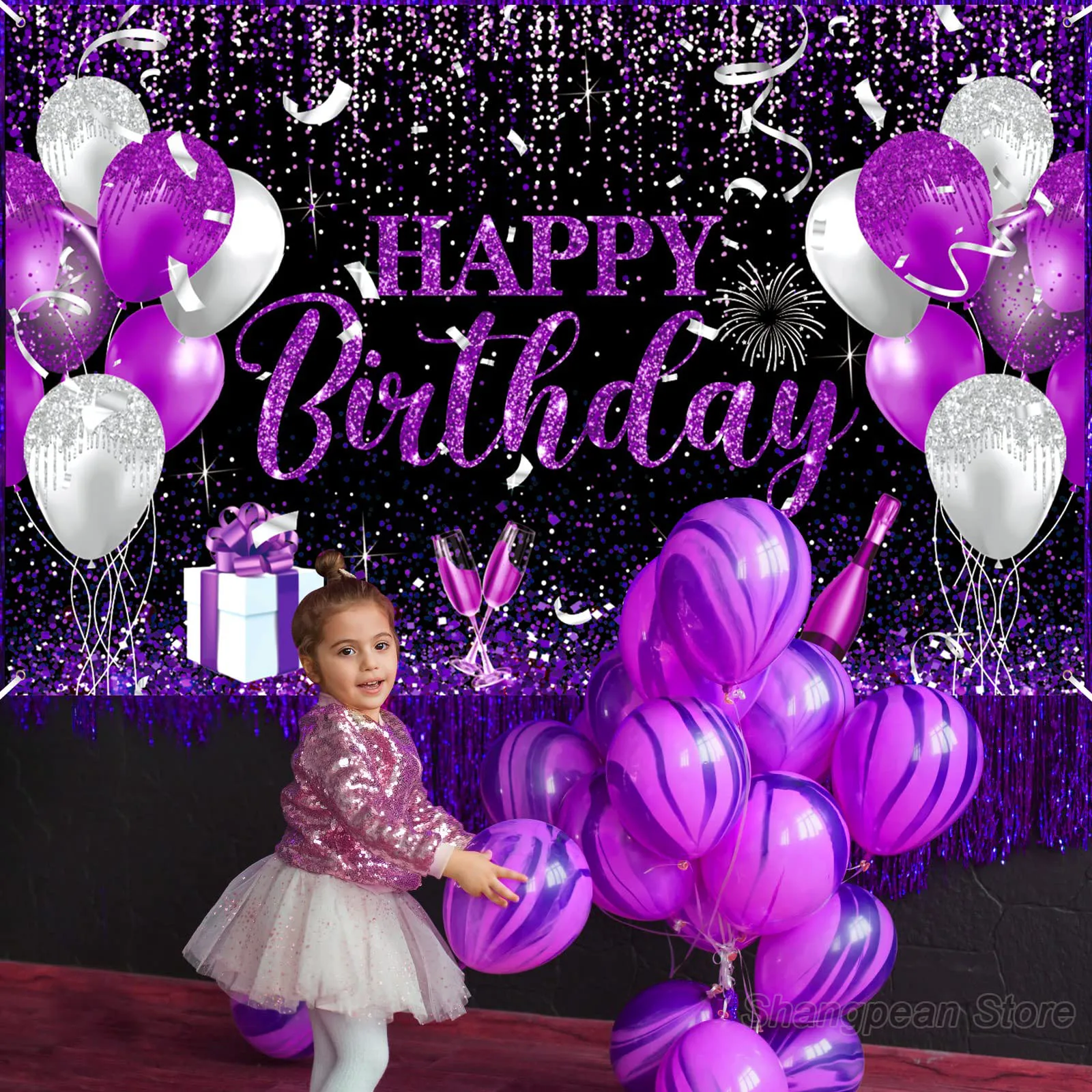 Birthday Decoration Banner Large Happy Birthday Banner for Women Men Purple Black Birthday Theme Party Backdrop for Birthday