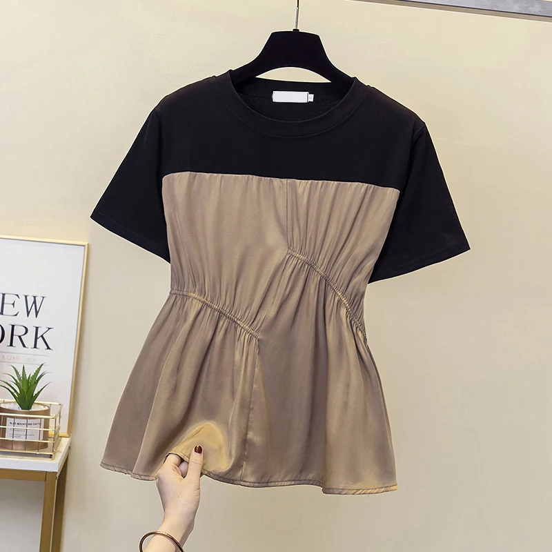 Wome Color-block Pleated Casual T-shirt New Round Neck Short Sleeve Fashion Tide Spring Summer 2022 xl-4xl 50-100kg