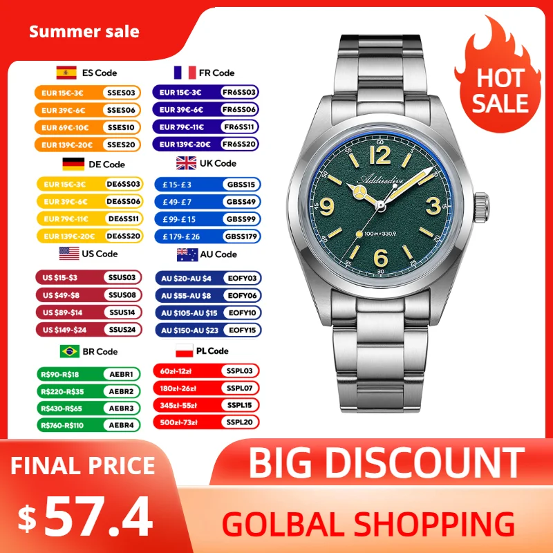 ADDIESDIVE 2026 Luxury Women Watches 36mm VH31 Quartz BGW9 Retro Super Luminous 100m Waterproof Business Woman Steel Wristwatch