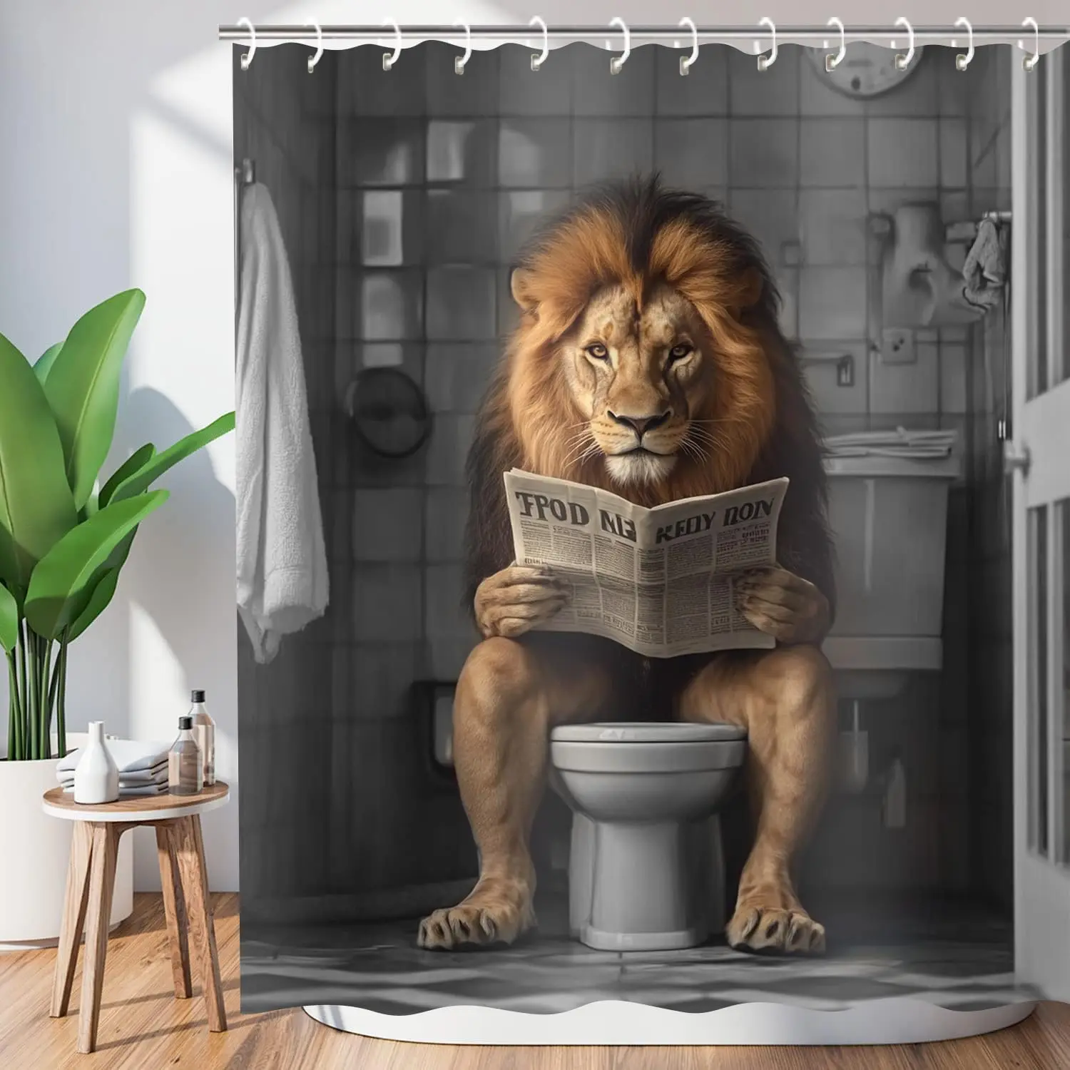 Funny Shower Curtain Farmhouse Cool Lion Shower Curtains for Bathroom Grey Brown Humor Animal Reading on Toilet Vintage Western